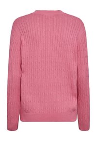 Roze gebreide trui met een kabelpatroon, voorzien van een ronde hals, lange mouwen en geribbelde manchetten en zoom. De textuur lijkt zacht.