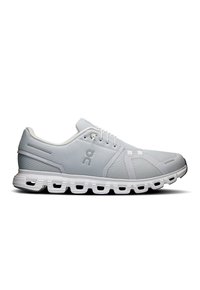 Hellgrauer Sportschuh aus Mesh mit strukturiertem Design. Verfügt über weiße Akzente und eine segmentierte Sohle mit sichtbarer Dämpfung. Schnürverschluss.