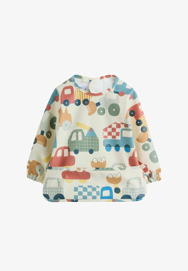 Laste top, millel on hele kreemjas taust ja mitmevärviline sõidukimuster. Valmistatud veekindlast materjalist, varustatud elastsete varrukaäärtega.