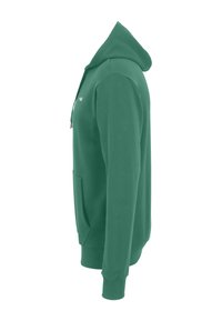 Felpa con cappuccio verde, realizzata in morbido cotone misto, presenta una tasca frontale, polsini a costine e un logo discreto sul petto.