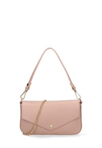 Borsa a tracolla in pelle rosa chiaro con manico superiore removibile e catena dorata, caratterizzata da una chiusura a pattina con un piccolo bottone dorato.