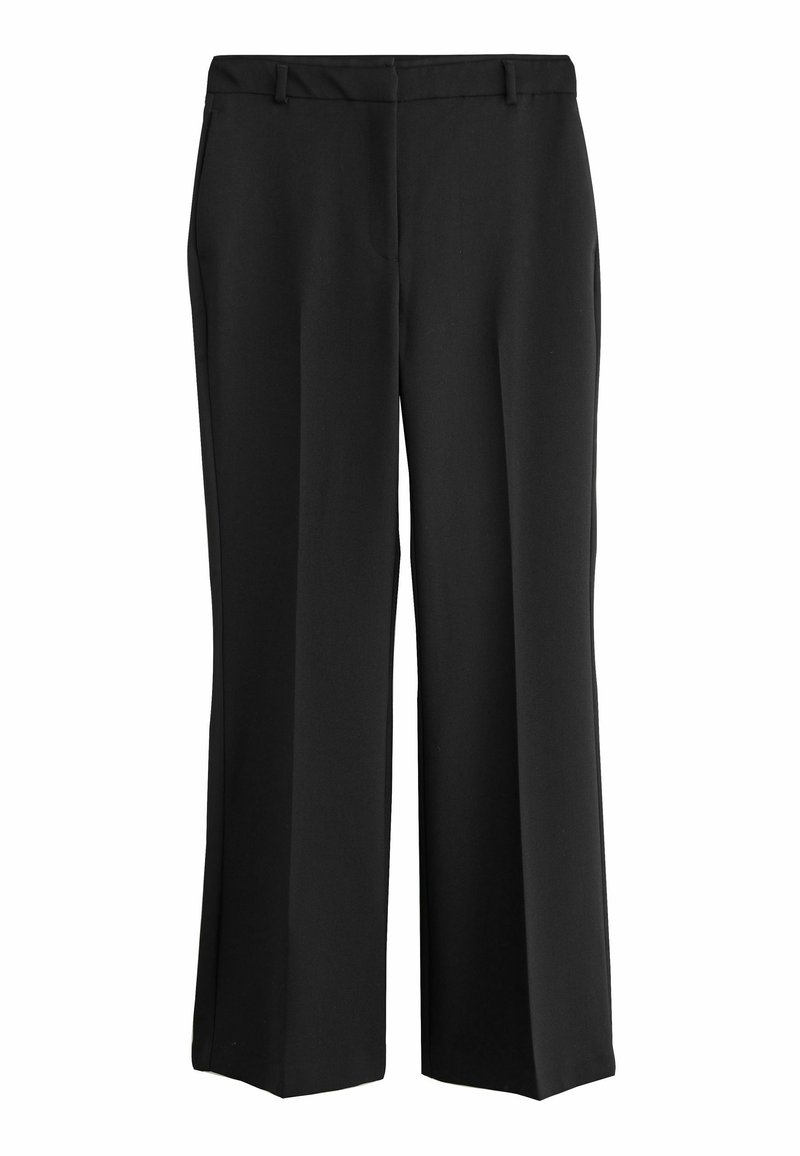 Schwarze, weit geschnittene Hose mit glatter Textur, flachem Vorderteil und zwei Seitentaschen. Maßgeschneidertes Design mit Gürtelschlaufen.