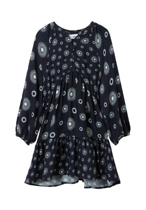 Robe bleu marine à manches longues, encolure ronde, détails à boutons et jupe à volants ; présente un motif circulaire blanc sur toute la surface.