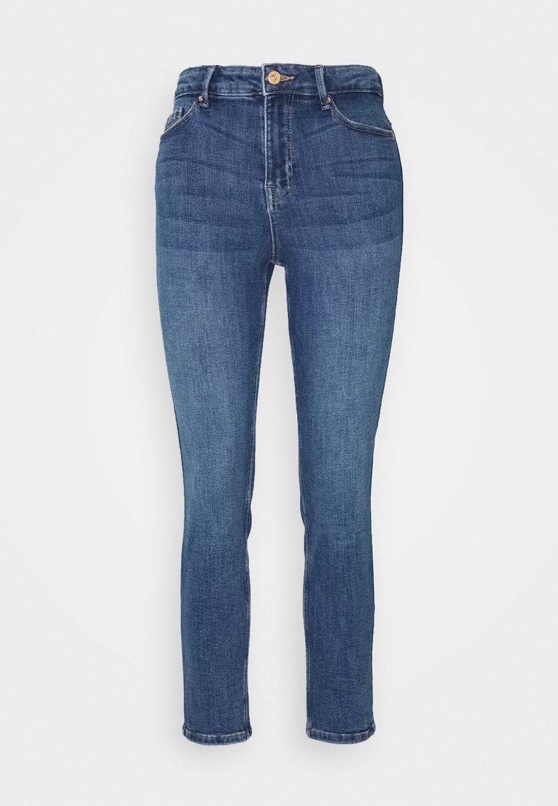 Jean bleu en denim slim taille haute avec bouton devant, fermeture éclair et poches devant et derrière.