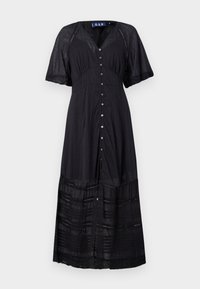 Robe maxi noire à manches courtes, à boutons sur le devant et aux tiers texturés. Fabriquée en tissu léger avec des accents en dentelle au niveau de l'ourlet.