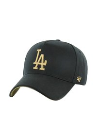 Gorra de béisbol negra con el logo "LA" bordado en oro en la parte frontal y "24/7" en el lateral, con visera curva y tejido texturizado.