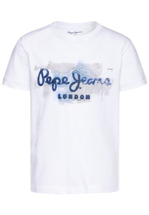Weißes Baumwoll-T-Shirt mit blauen und grauen Grafiken, darunter der Text "Pepe Jeans LONDON" in kursiver Schrift. Kurze Ärmel und Rundhalsausschnitt.