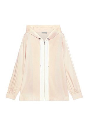 Jasno beżowa kurtka z kapturem na zamek błyskawiczny, z długimi rękawami i białą lamówką przy zamku, wyposażona w sznurki przy kapturze i ściągacze na nadgarstkach.
