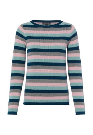 Gebreide trui met lange mouwen met horizontale strepen in petrol, roze, grijs en marineblauw, met een ronde hals.