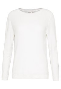 Biały długi sweter z długim rękawem wykonany z teksturowanej tkaniny, z okrągłym dekoltem i ściągaczami przy mankietach. Posiada mały detal z logo w pobliżu dolnego brzegu.