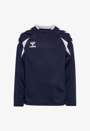 Dunkelblaues Sport-Sweatshirt mit langen Ärmeln, weißen Chevronmustern auf den Schultern und Hummel-Logo auf der Brust.