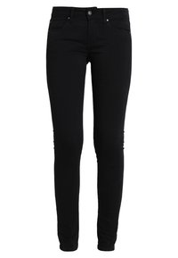 Jeans ajustados negros de algodón con una textura suave, cinco bolsillos y trabillas para cinturón; cuentan con cierre de botón y cremallera.