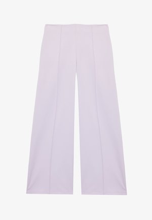 Licht lavendel wijde broekspijpen met hoge taille en zichtbare verticale naden aan de voorkant en op de pijpen.