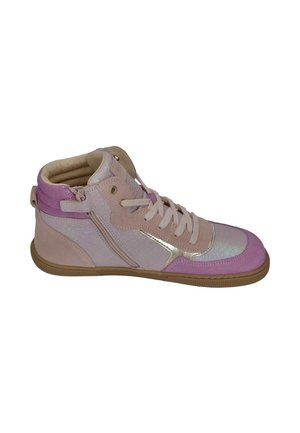 High-Top-Sneaker in Rosa- und Hellvioletttönen mit Schnürsenkeln, seitlichem Reißverschluss, gepolstertem Kragen und brauner Gummisohle.