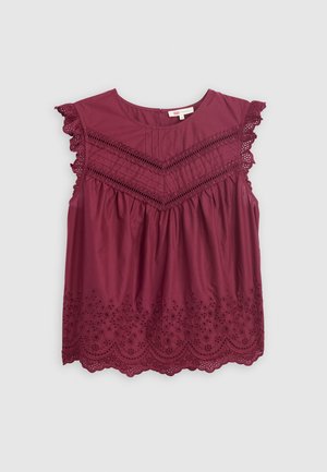 Bordeaux mouwloze top met een geschulpte kanten rand, textuur in het lijfje en geborduurde bloemenaccenten langs de zoom.
