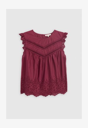 Burgundijas bezpiedurkņu tops ar viļņainu mežģīņu apdari, strukturētu krūšu daļu un izšūti ziedu akcenti ap apakšmalu.