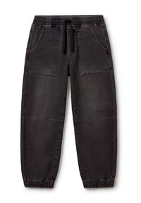 Černé denimové tepláky s elastickým pasem, nastavovatelnou šňůrkou a dvěma předními kapsami. Zúžené nohavice s elastickými manžetami na kotnících.