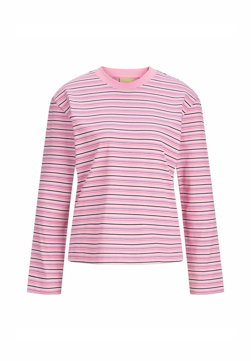 T-shirt a maniche lunghe di colore rosa, con strisce orizzontali di vari colori. Tessuto morbido con scollo rotondo e vestibilità standard.