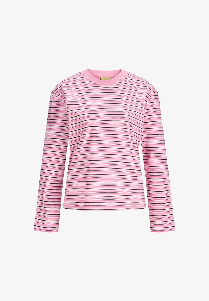 Rózsaszín hosszú ujjú póló, különböző színű vízszintes csíkokkal. Puha anyagból készült, kerek nyakkivágású és normál fazonú.