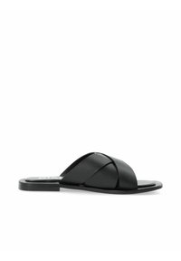 Infradito in pelle nera con fascette incrociate, suola piatta e design minimalista. Texture liscia senza hardware o motivi in evidenza.