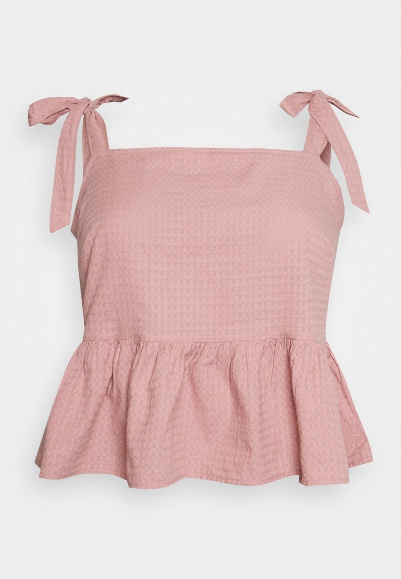 Top peplum rosa com decote quadrado, alças de ombro atadas, padrão de xadrez texturizado e costura franzida na cintura. Tecido leve.