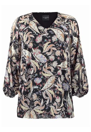 Musta paita, jossa on V-kaula-aukko, pallohihat ja paisley-kuviointi kullassa, kermassa ja vaaleanpunaisessa, kukkaisia yksityiskohtia mukana.