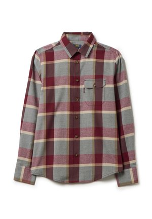 Chemise à manches longues à carreaux en gris, bordeaux et beige. Comprend un col boutonné, une poche avant et des boutons marron sur un tissu doux.