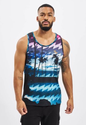 Ärmelloses Tanktop mit einem lebhaften blauen und lila Grafik von Palmen und Meereswellen mit Zickzackmustern. Hergestellt aus glattem Stoff.