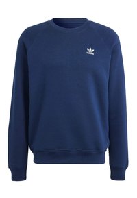 Mörkblå Adidas-tröja med lång ärm, ribbade ärmslut och nederkant, samt en liten vit Adidas-logotyp på vänster bröst.