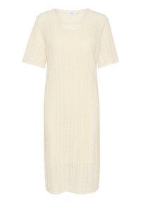 Polvipituinen, lyhythihainen mekko off-white-värissä, jossa on teksturoitu neulekuvio ja V-pääntie, sekä ribbetyt yksityiskohdat sivuilla.