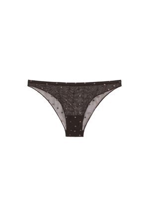 Schwarze transparente Netz-Bikini-Unterwäsche mit kleinen gepunkteten Verzierungen, mit niedrigem Schnitt und elastischem Bund.