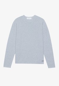 Pull long à manches longues gris clair à côtes, doté d'un col rond, d'un ourlet droit et d'un logo discret sur le côté inférieur gauche. Texture douce.