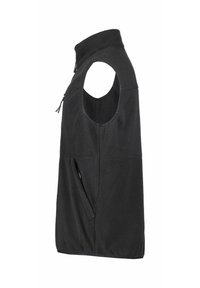 Gilet in pile nero con collo alto, design senza maniche e tasca con zip sulla parte anteriore. Tessuto morbido e taglio dritto.
