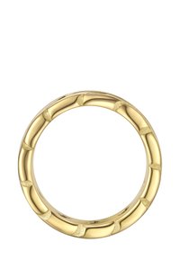 Zelta krāsas gredzens ar bambusa iedvesmotu dizainu un faktūrētiem akcentiem. Gluda virsma ar noapaļotām malām un nepārtrauktu apļveida formu.