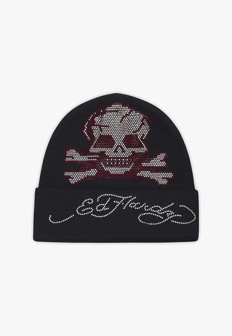 Czarny beanie z wzorem czaszki i skrzyżowanych kości w czerwonych i srebrnych kryształkach. Posiada napis "Ed Hardy" z kryształów na mankiecie.
