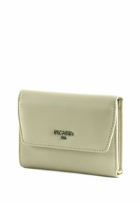 Portafoglio in pelle beige chiaro con patta pieghevole, logo PICARD in argento e dettagli cuciti lungo i bordi. Design rettangolare compatto.