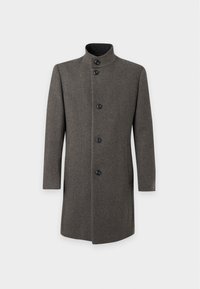 Manteau pour homme gris en mélange de laine avec un col montant et cinq boutons noirs sur le devant, présenté sur fond blanc.