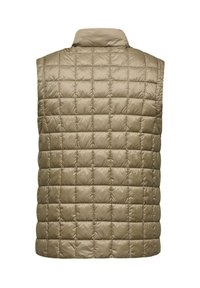 Gilet imbottito in marrone chiaro con un motivo imbottito, dotato di colletto alto e design senza maniche. Tessuto esterno liscio e lucido.
