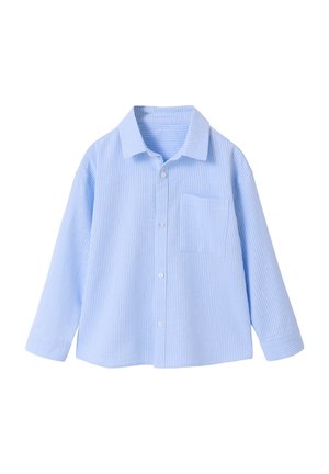 Light blue long-sleeve button-up shirt with white vertical stripes and a single chest pocket, displayed on a white background.