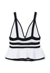 Top a colloquio lavorato in maglia bianco e nero con scollatura a V, spalline regolabili e orlo svasato; presenta un design a righe e un tessuto testurizzato.
