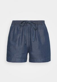 Shorts en denim d'une teinte bleu foncé, dotés d'une taille élastique et d'une ceinture en tissu. Design simple avec une texture lisse et un style sans embellissement.