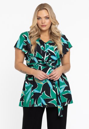 Groene en zwarte blouse met bloemenpatroon, korte rucheslouwen, V-hals en een gestrikt taille, gemaakt van een lichtgewicht stof.