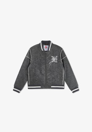 Dark gray zip-up bomber jacket with white piping, striped ribbed cuffs and hem, and a white embroidered logo on the left chest.