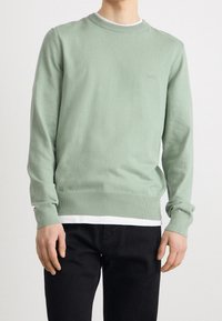 Ljusgrön crew-neck tröja i mjukt tyg, med ribbade muddar och nederkant, lagd över en vit skjorta. Svarta byxor fulländar looken.