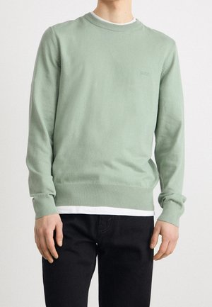 Hellgrüner Rundhalsausschnitt-Pullover aus weichem Stoff, mit gerippten Bündchen und Saum, über einem weißen Hemd getragen. Schwarze Hose vervollständigt den Look.