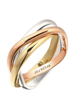 Trois anneaux polis entrelacés en argent, or et or rose, avec le poinçon "JGJ 925 Ag" visible à l'intérieur de l'anneau en or rose.