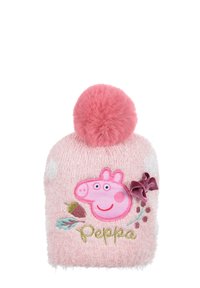 Pink knitted beanie with a fluffy pom-pom, featuring an embroidered Peppa Pig design, gold text, and decorative accents in various colors.