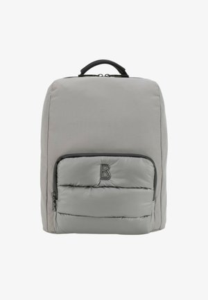 Zaino grigio con una finitura in tessuto liscio, tasca frontale imbottita e zip nera. Presenta un manico superiore e un logo sulla parte anteriore.