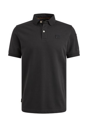 Black polo shirt made from smooth fabric, featuring a collared neck, three buttons, a patch on the left chest, and short sleeves.