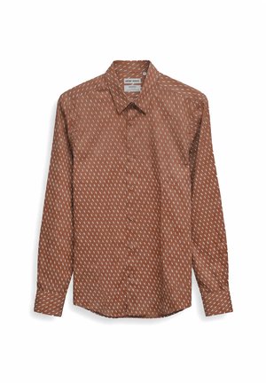 Bruine overhemd met lange mouwen en knopen, met wit gestippeld patroon, klassieke kraag en manchetten, plat uitgestald op een witte achtergrond.